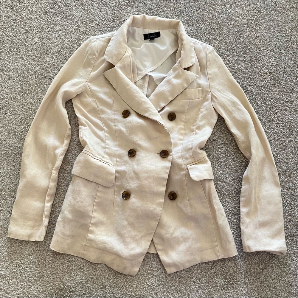 Cat’s y2k Chic Cream Linen Double-Breasted Blazer w Pockets & Brown Buttons - Picture 6 of 10